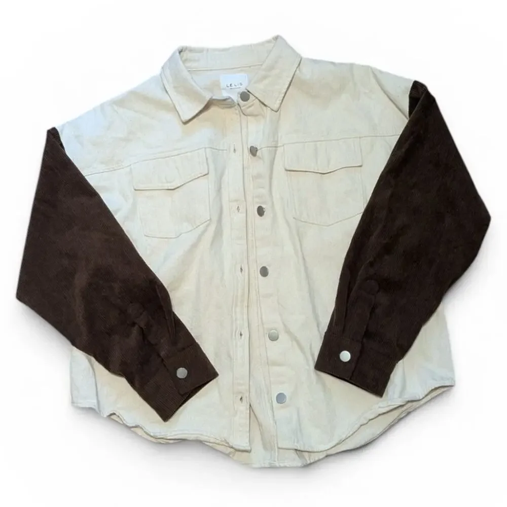 Lelis Collection Cream Button Up Jacket With Pockets And Brown Corduroy Sleeves